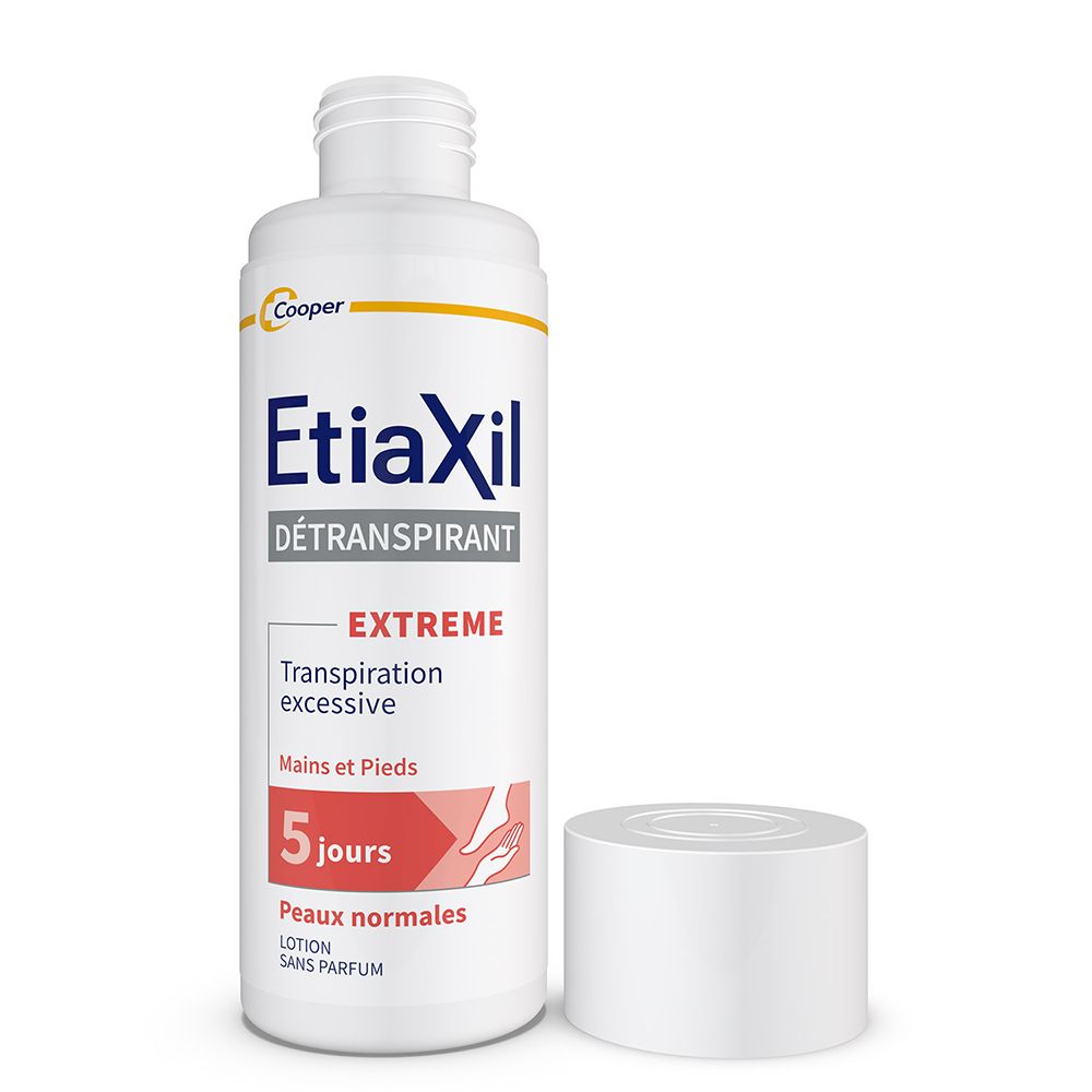 Flacon Etiaxil DÉTRANSPIRANT, blanc, avec bouchon. Texte: Extreme, 5 jours, peaux normales. Marque Cooper.