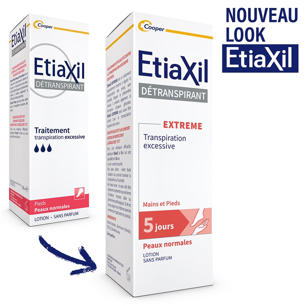 Boîte et flacon Etiaxil. Texte: DÉTRANSPIRANT, Extreme, 5 jours, peaux normales. Marque Cooper. Nouveau look.