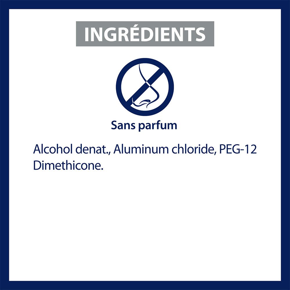 Liste des ingrédients: Alcohol denat., Aluminum chloride, PEG-12 Dimethicone. Sans parfum.