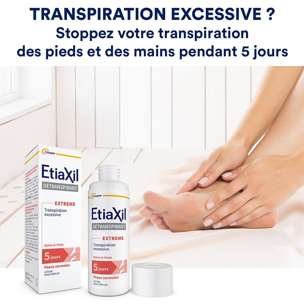 Boîte et flacon Etiaxil. Texte: DÉTRANSPIRANT, Extreme, 5 jours. Mains et pieds. Peaux normales. Sans parfum.