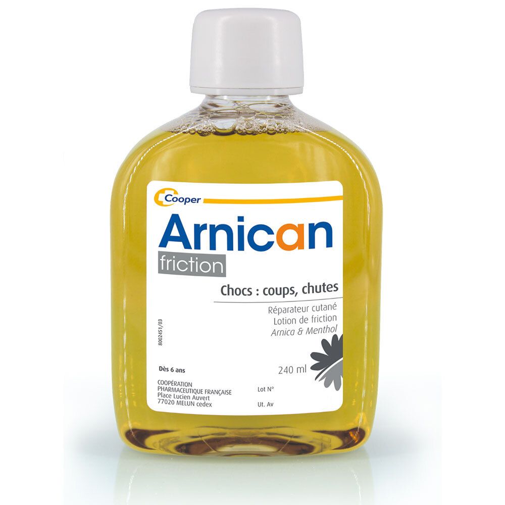 Flacon "Arnican friction" avec liquide jaune. Texte: "Chocs : coups, chutes".