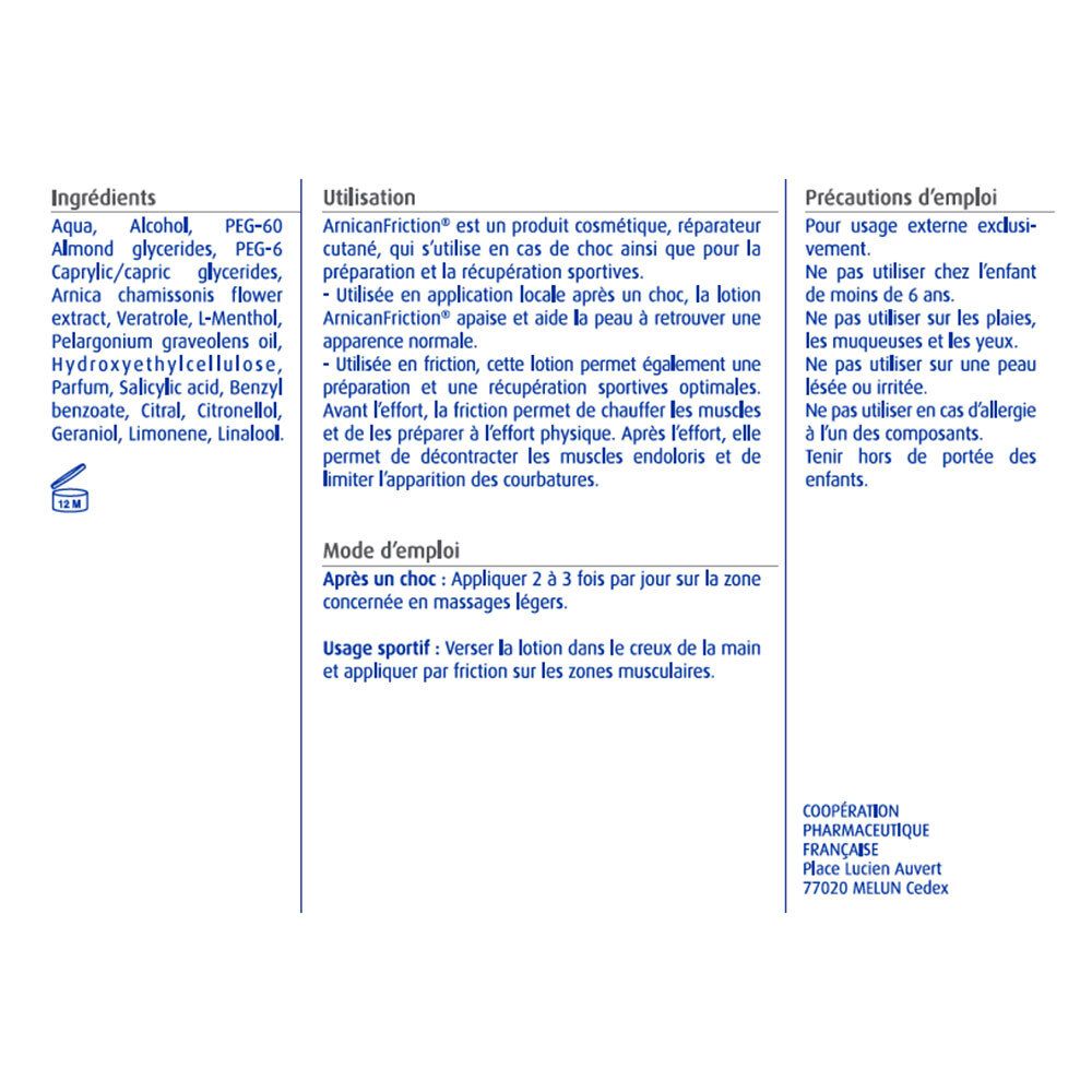 Texte sur fond blanc. Ingrédients, utilisation et précautions d'emploi pour "Arnican friction".