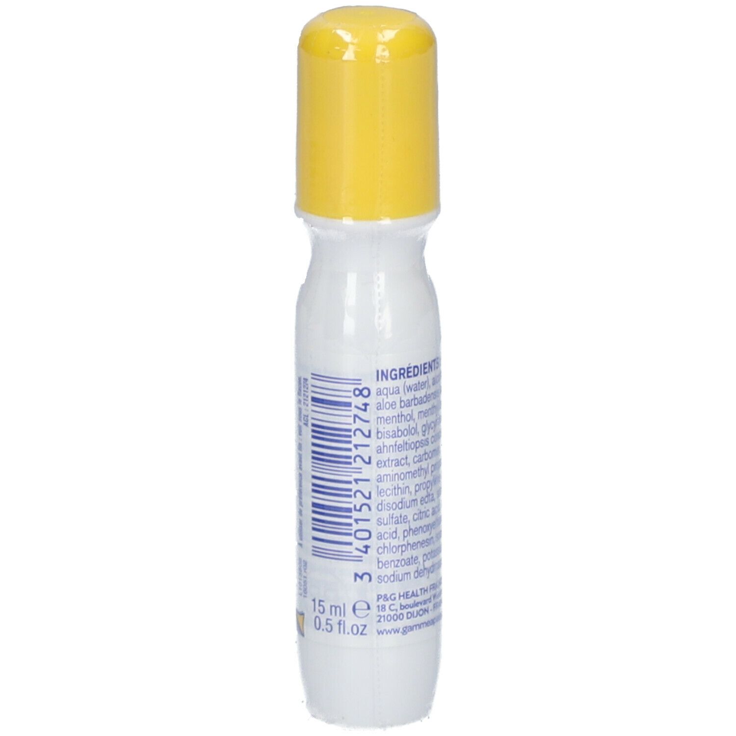 Roll-on-Flasche mit gelbem Deckel. Aufschrift: 15 ml 0.5 fl.oz. Zutatenliste und Barcode. Weißes Fläschchen mit blauen und gelben Akzenten.
