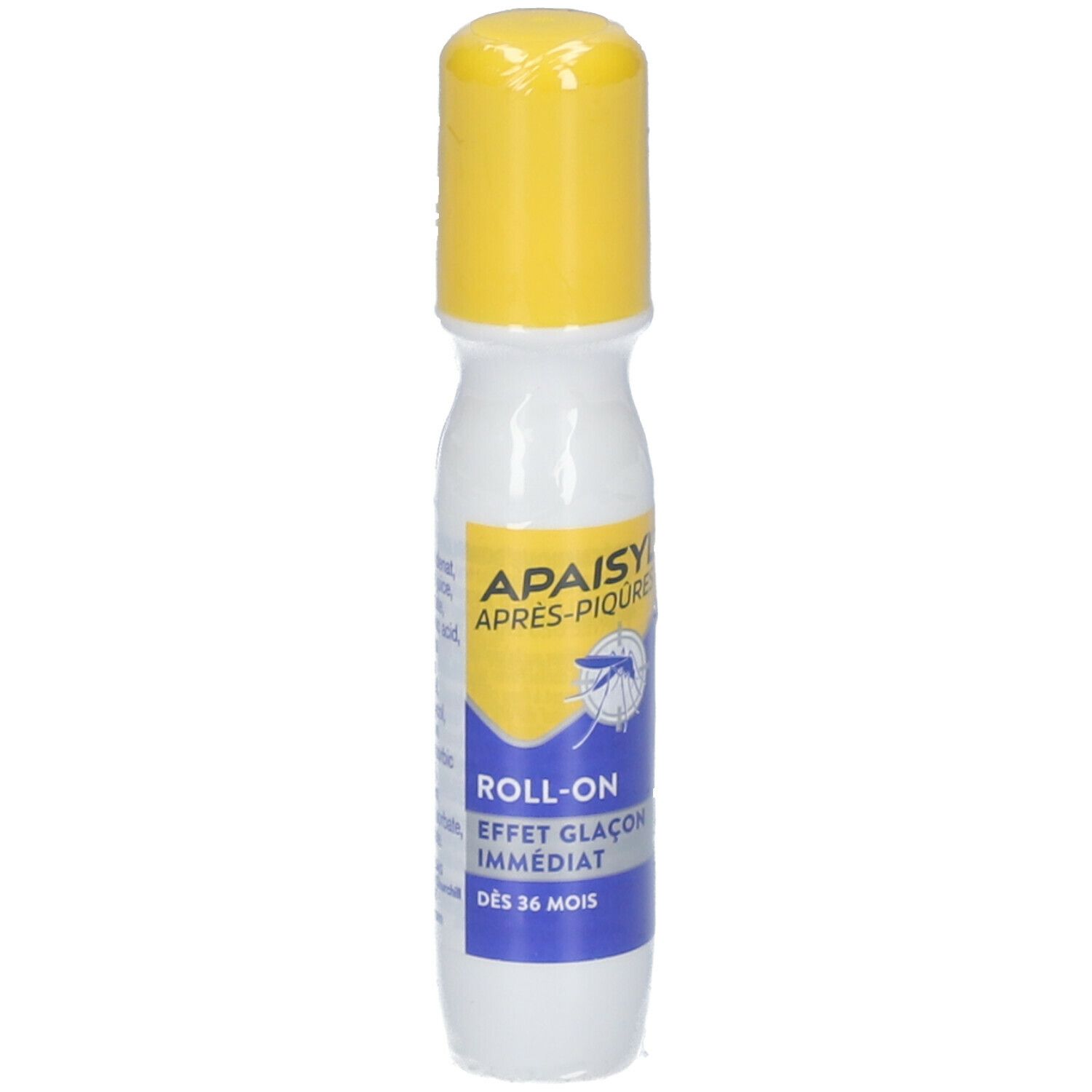 Roll-on-Flasche mit gelbem Deckel. Aufschrift: APAISYL APRES-PIQURES, ROLL-ON, EFFET GLACON IMMEDIAT. Blaue und gelbe Etiketten.