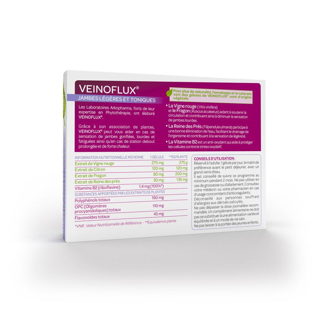 Rückseite der VEINOFLUX®-Verpackung. Enthält Text über Inhaltsstoffe und Anwendung. Enthält eine Tabelle mit Nährwertangaben.