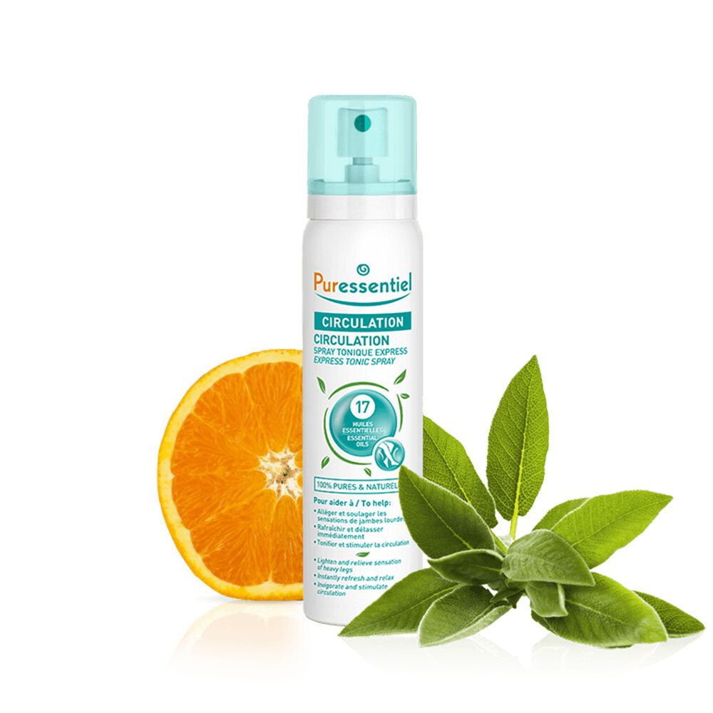 Spray mit blauem Sprühkopf, Orange und Blätter. Aufschrift: Puressentiel, Circulation, 17 ätherische Öle.