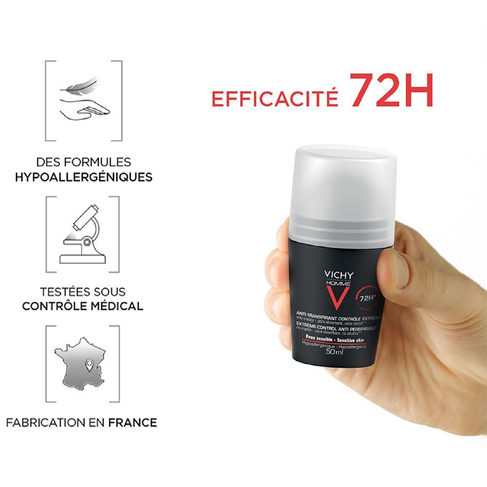 Deodorant-Roll-on und Icons. Schwarze und graue Flasche mit weißem Deckel. Marke: VICHY Homme. 72h. Icons: Hypoallergen, medizinische Kontrolle.