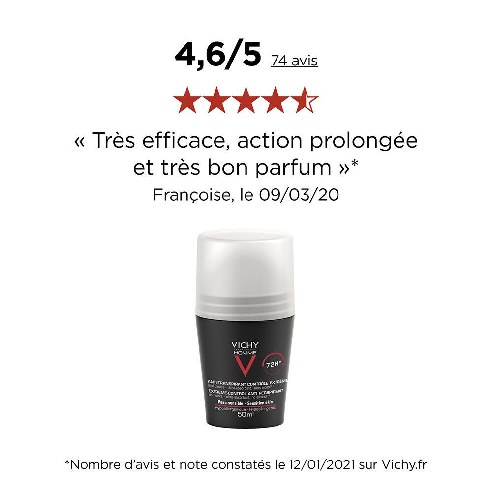 Deodorant-Roll-on und Bewertung. Schwarze und graue Flasche mit weißem Deckel. Marke: VICHY Homme. 72h. Bewertung: 4,6/5 Sterne.