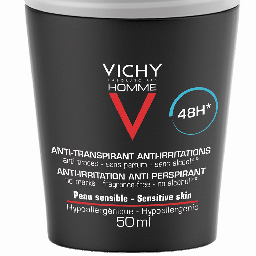 Nahaufnahme eines Deodorant-Roll-ons. Schwarze Flasche mit weißem Deckel. Marke: Vichy Homme. Für empfindliche Haut. 50ml.