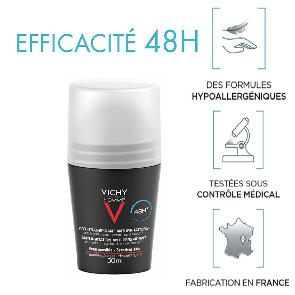 Deodorant-Roll-on mit Infografiken. Schwarze Flasche, weißer Deckel. Marke: Vichy Homme. 48H Wirksamkeit. Hypoallergen, medizinisch getestet.