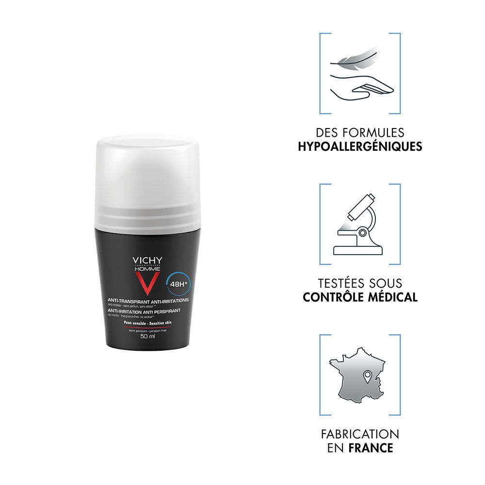 Deodorant-Roll-on mit Infografiken. Schwarze Flasche, weißer Deckel. Marke: Vichy Homme. 48H Wirksamkeit. Hypoallergen, medizinisch getestet.