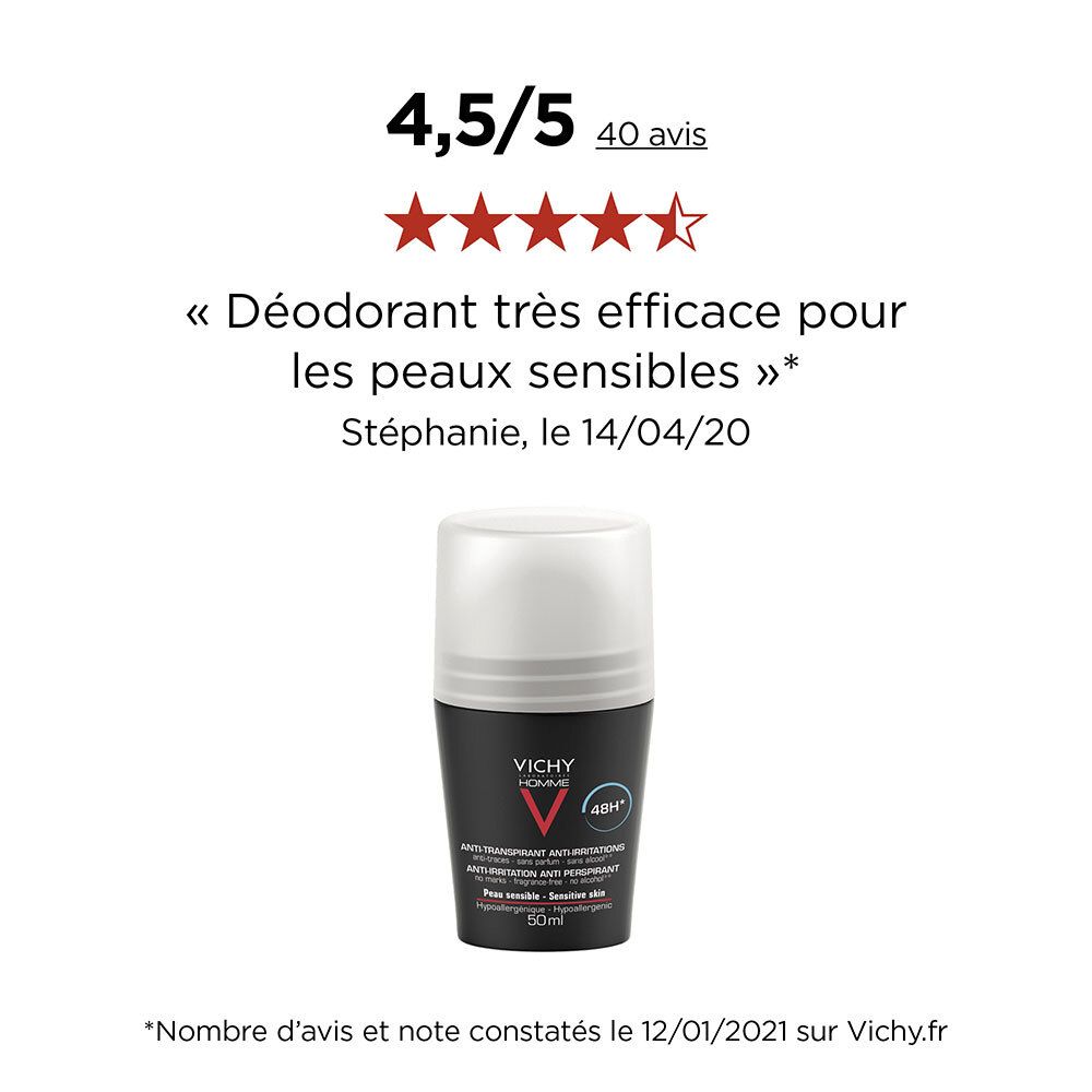 Deodorant-Roll-on mit Bewertung. Schwarze Flasche, weißer Deckel. Marke: Vichy Homme. Für empfindliche Haut. 50ml.