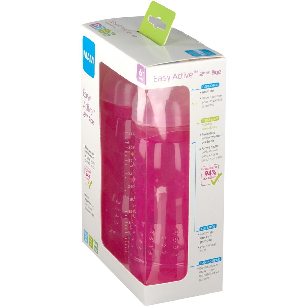 Biberon dans son emballage. Biberon rose visible. Inscription: MAM, Easy Active 2ème âge, 6+. Emballage avec informations produit.