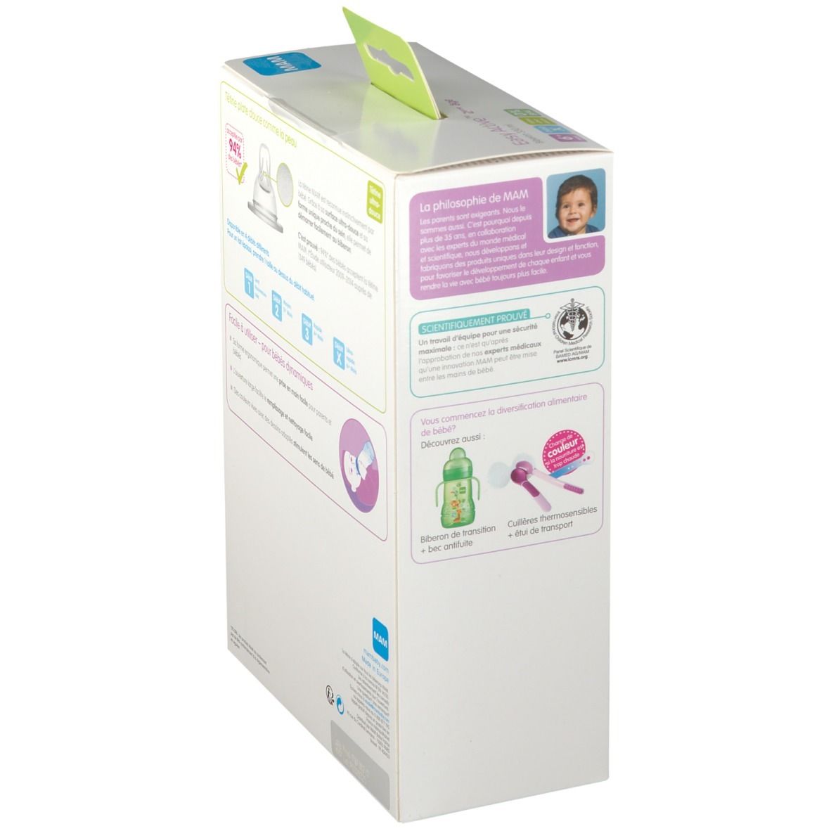 Emballage avec informations produit. Logo: MAM. Texte en plusieurs langues. Image d'un bébé. Certifications.
