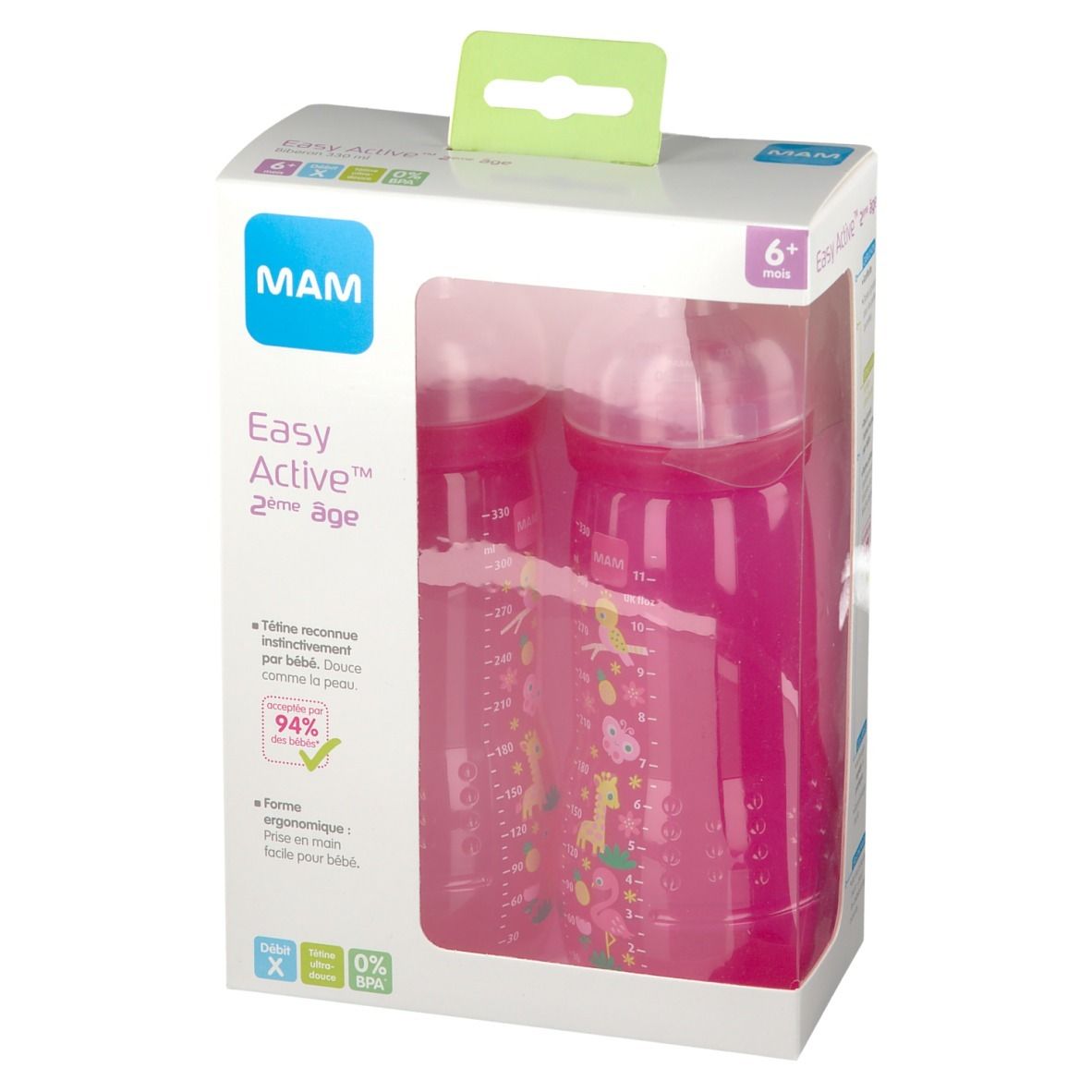 Biberon dans son emballage. Biberon rose visible. Inscription: MAM, Easy Active 2ème âge, 6+. Deux biberons visibles.
