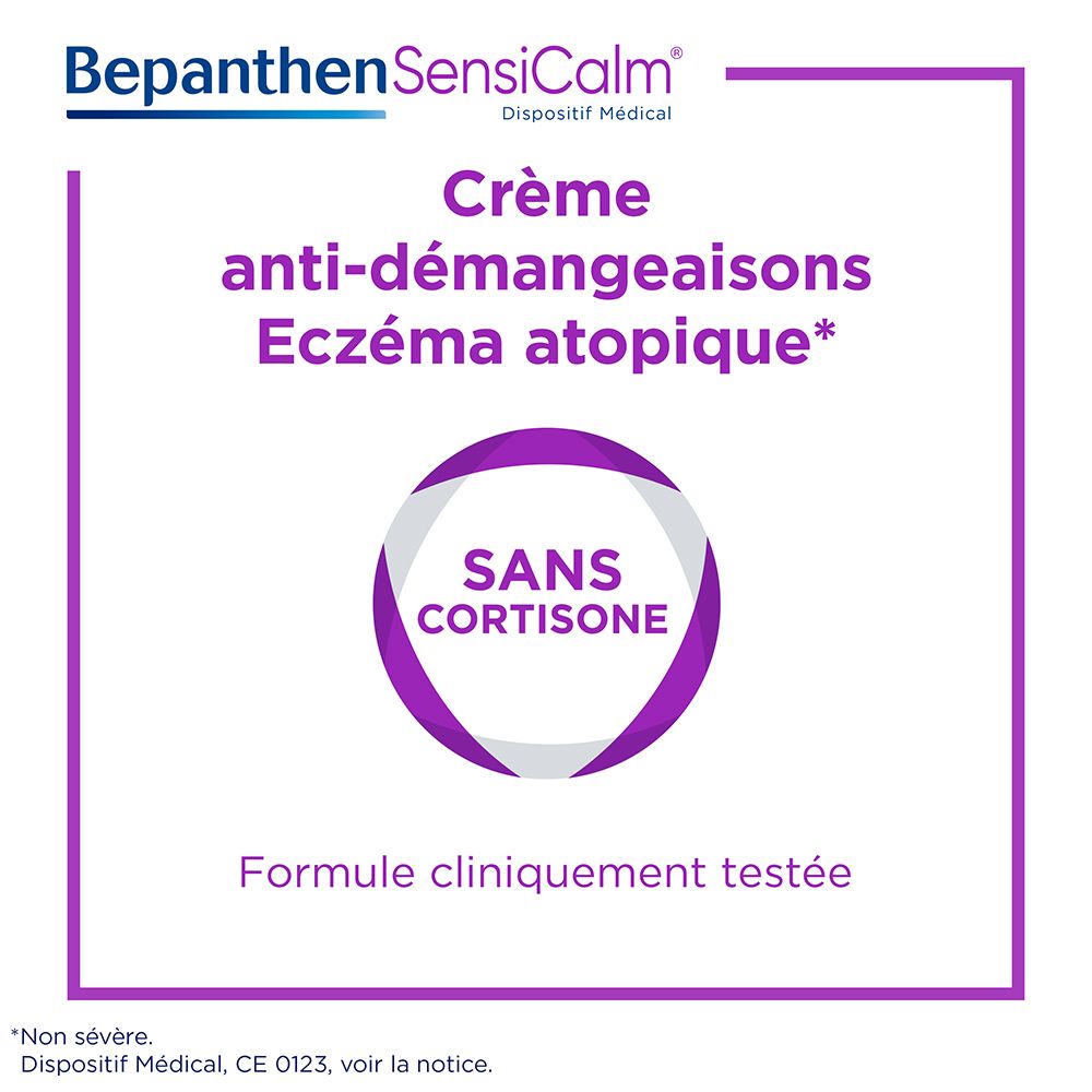 Cercle avec inscription : Sans cortisone. Crème Bepanthen SensiCalm anti-démangeaisons, eczéma. Pour bébés, enfants, adultes.