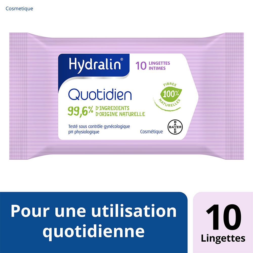 Paquet de 10 lingettes intimes Hydralin Quotidien. Texte : Pour une utilisation quotidienne.