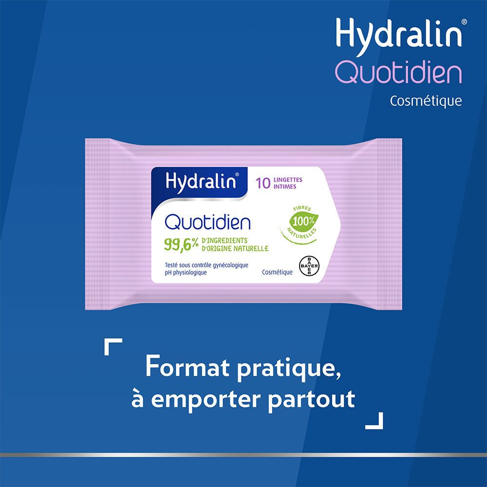Paquet de 10 lingettes intimes Hydralin Quotidien. Texte : Format pratique, à emporter partout.