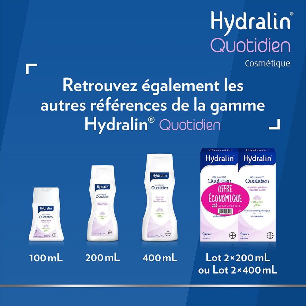 Différents produits de la gamme Hydralin Quotidien. Flacons de 100ml, 200ml, 400ml. Offre : 2x200ml ou 2x400ml.