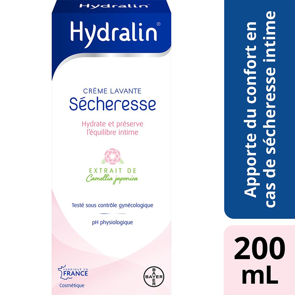 Hydralin® Sécheresse-Verpackung. Blaue Schachtel mit Produktinformationen und 200 ml.