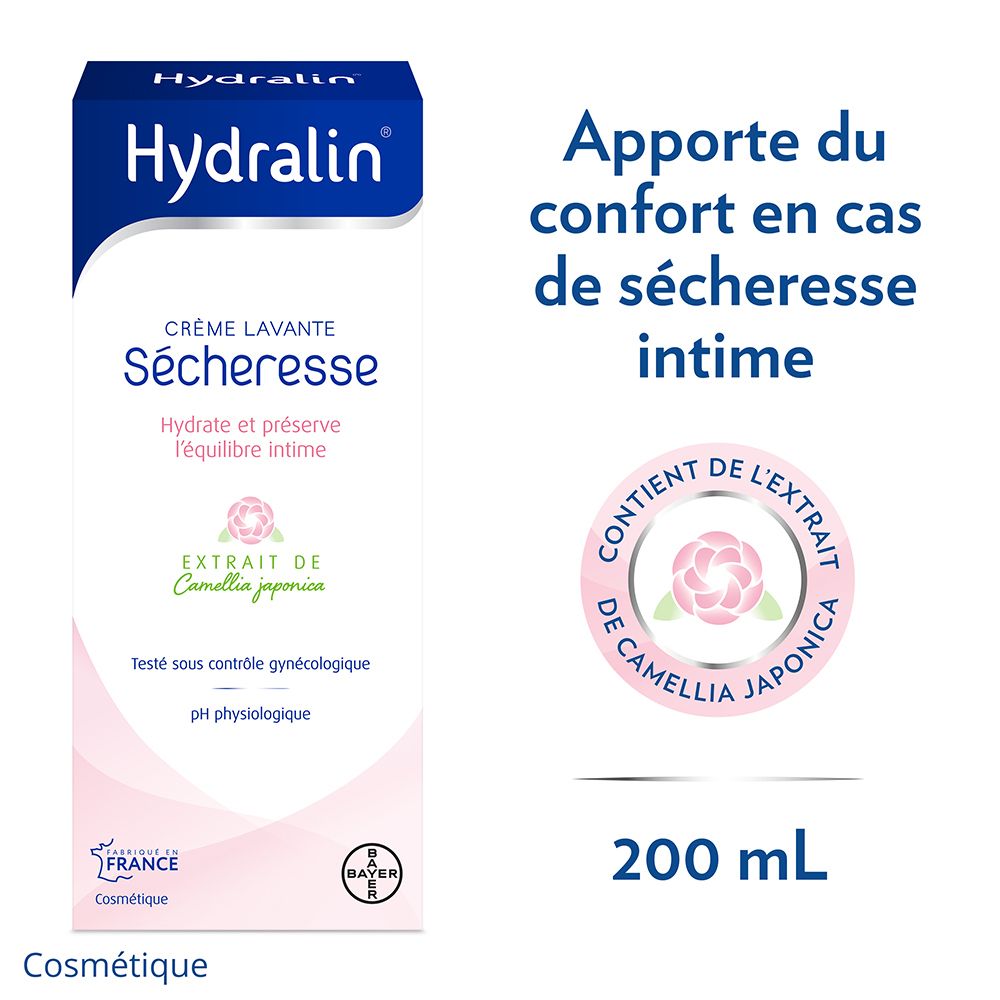 Hydralin® Sécheresse-Verpackung. Blaue Schachtel mit Produktinformationen und 200 ml.