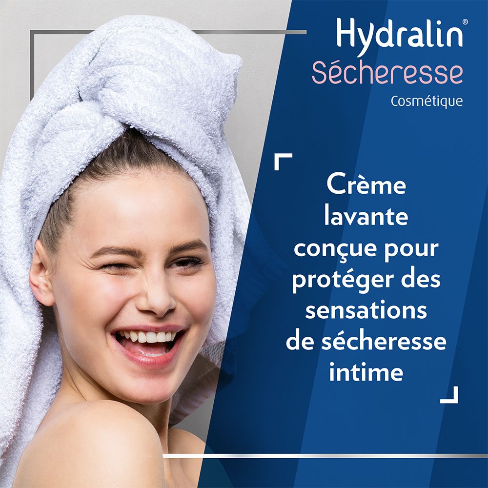Frau mit Handtuch auf dem Kopf. Text: Crème lavante, Sécheresse.