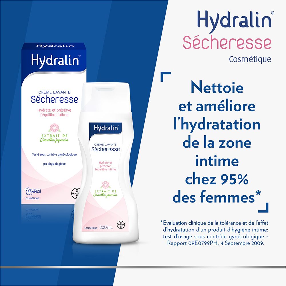 Produkt und Verpackung von Hydralin® Sécheresse. Text: Nettoie et améliore l'hydratation.