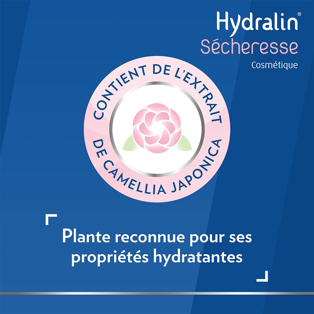 Blauer Hintergrund mit Logo und Text: Contient de l'extrait de Camellia japonica.