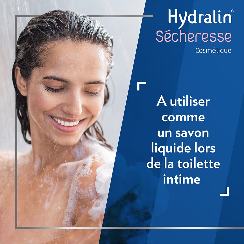 Frau unter der Dusche. Text: A utiliser comme un savon liquide.