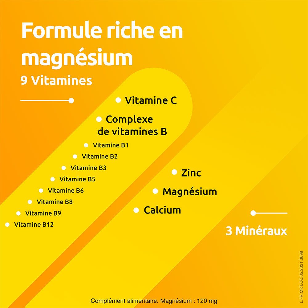Fond jaune avec vitamines et minéraux. Texte: Formule riche en magnésium, 9 vitamines, 3 minéraux.