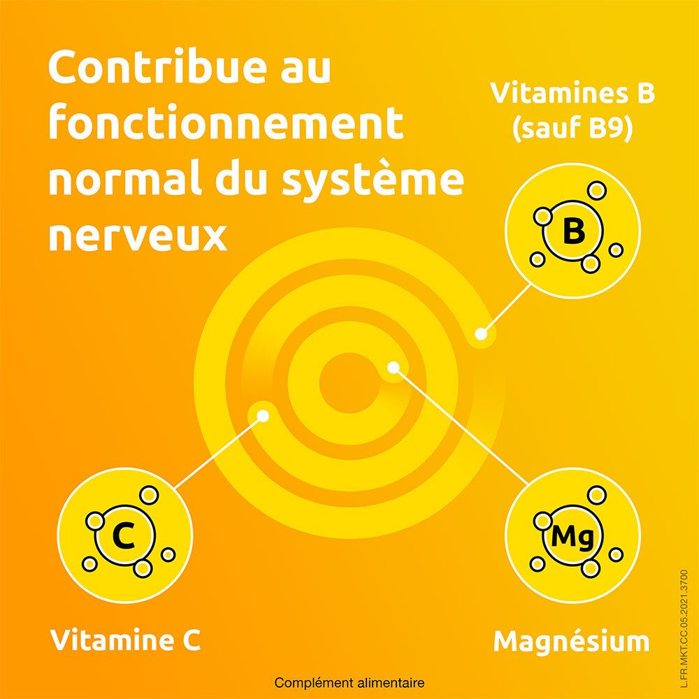 Fond jaune avec vitamines et minéraux. Texte: Contribue au fonctionnement normal du système nerveux.
