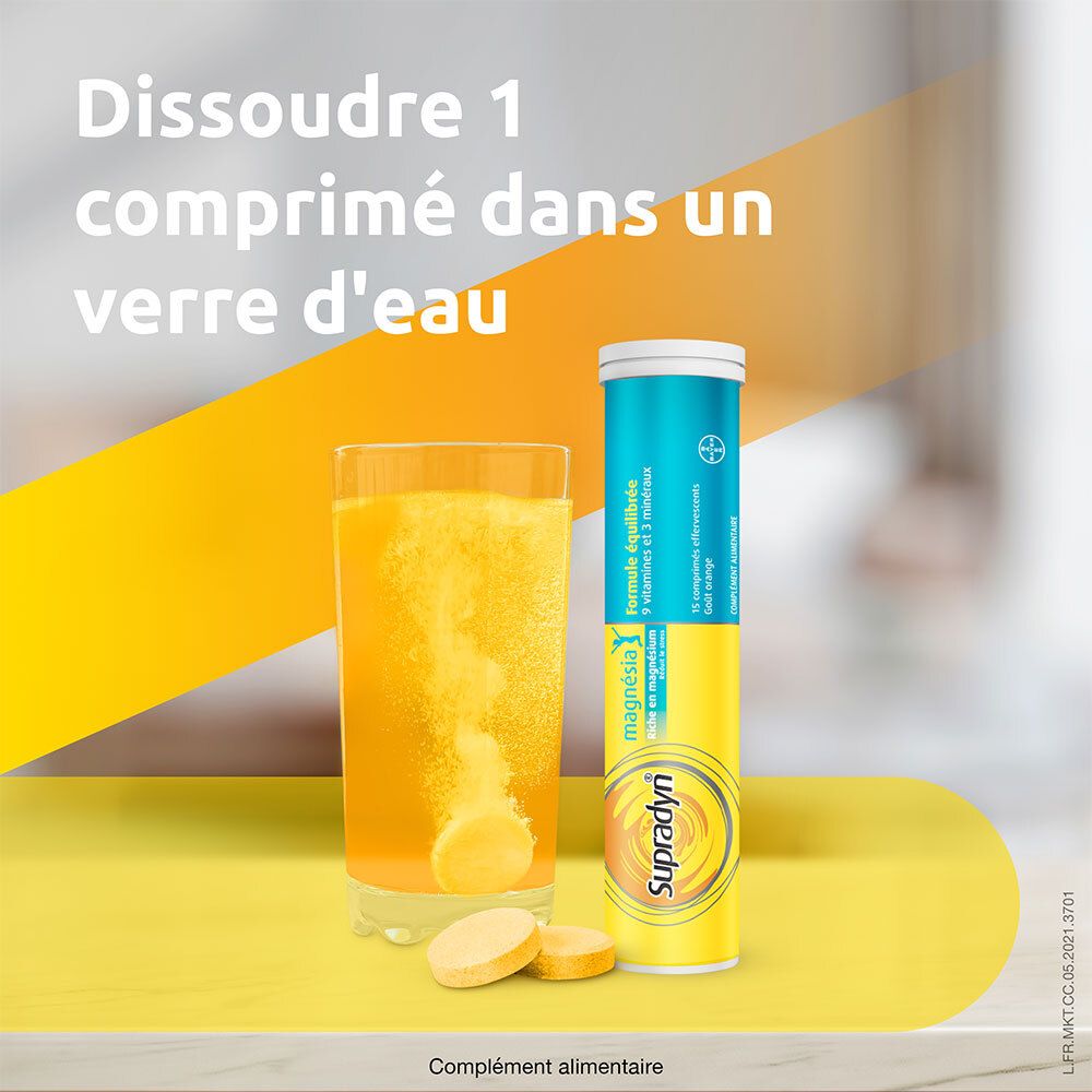 Verre d'eau avec comprimé effervescent et tube. Texte: Dissoudre 1 comprimé dans l'eau.