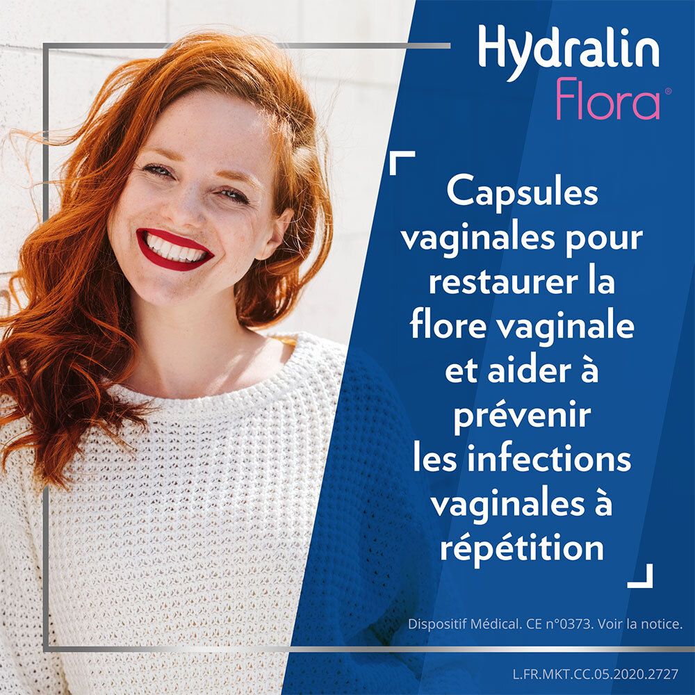 Femme aux cheveux roux. Texte: Capsules vaginales pour restaurer la flore et aider à prévenir les infections.