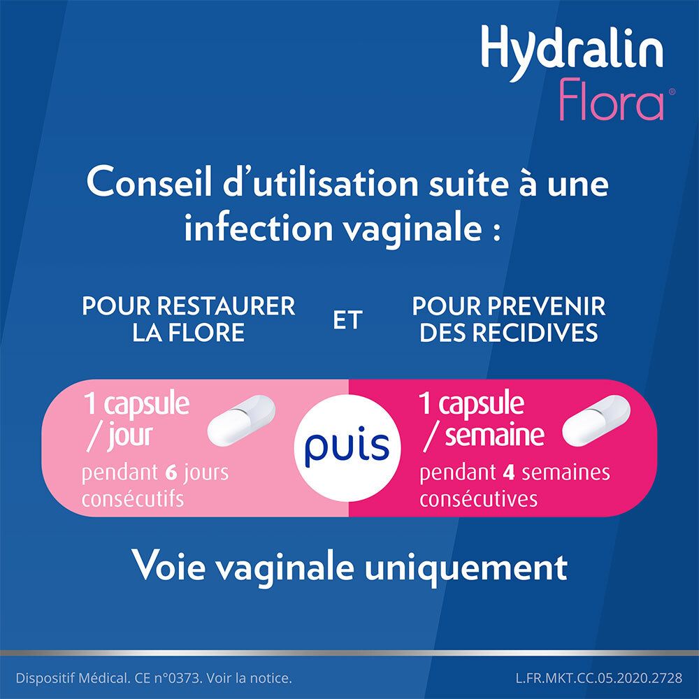 Conseils d'utilisation après infection vaginale. 1 capsule/jour pendant 6 jours, puis 1 capsule/semaine pendant 4 semaines.