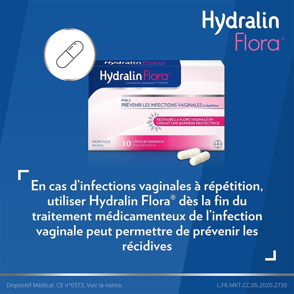 Gélules Hydralin Flora. En cas d'infections vaginales récurrentes, utiliser après traitement.