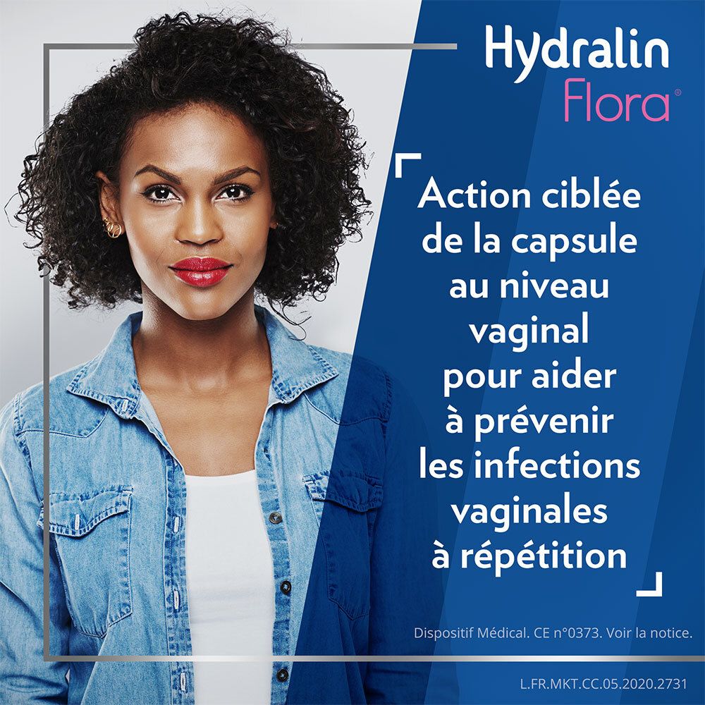 Femme en veste en jean. Texte: Action ciblée de la capsule au niveau vaginal pour prévenir les infections.