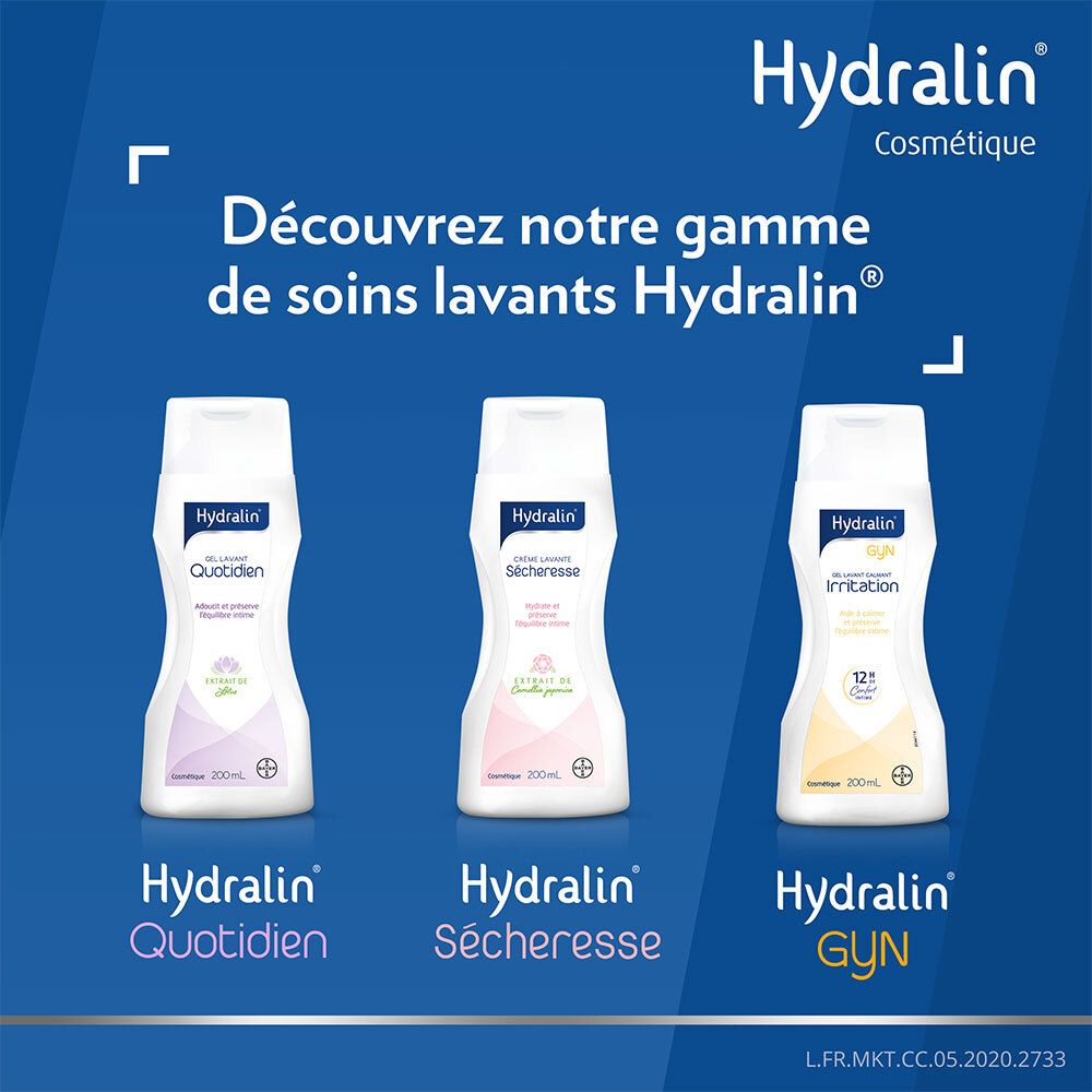 Hydralin Cosmétique. Trois flacons: Quotidien, Sécheresse, GYN Irritation. Soins lavants intimes.