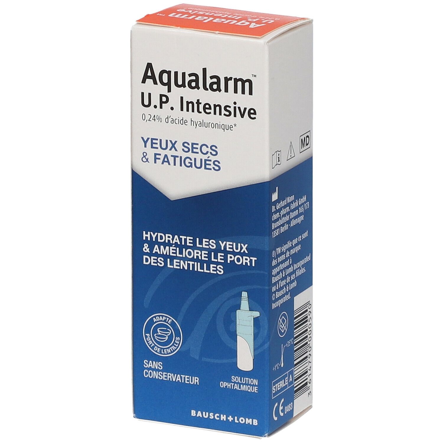 Boîte Aqualarm U.P. Intensive. Texte : Yeux secs & fatigués. Contient 0,24% acide hyaluronique. Illustration goutte bleue. Pour lentilles.