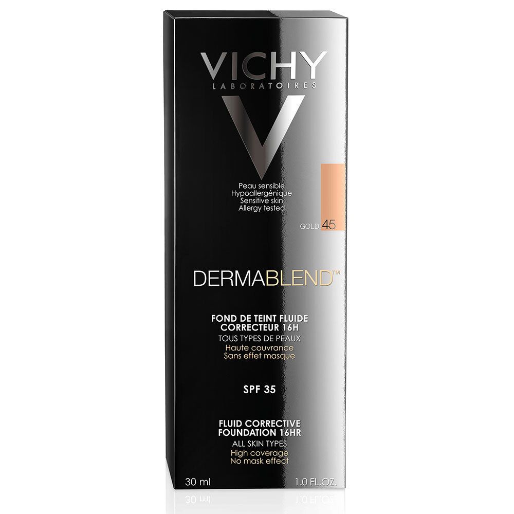 Boîte noire VICHY Dermablend Fond de teint correcteur. Teinte 45 Gold. SPF 35. Tous types de peaux. 30 ml.