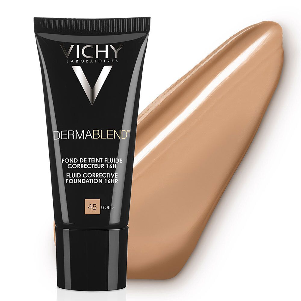 Tube noir VICHY Dermablend Fond de teint correcteur 45 Gold. Éclaboussure de couleur. Testé dermatologiquement.
