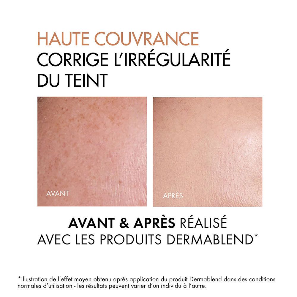Comparaison avant-après. Corrige les irrégularités du teint. Haute couvrance. Avec produits Dermablend.