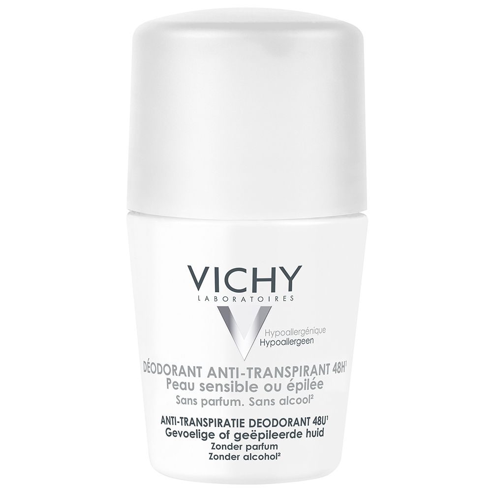 Weißer Roll-On-Deodorant von Vichy. Produkt mit weißem Deckel und Etikett. Aufschrift: Deodorant Anti-Transpirant.