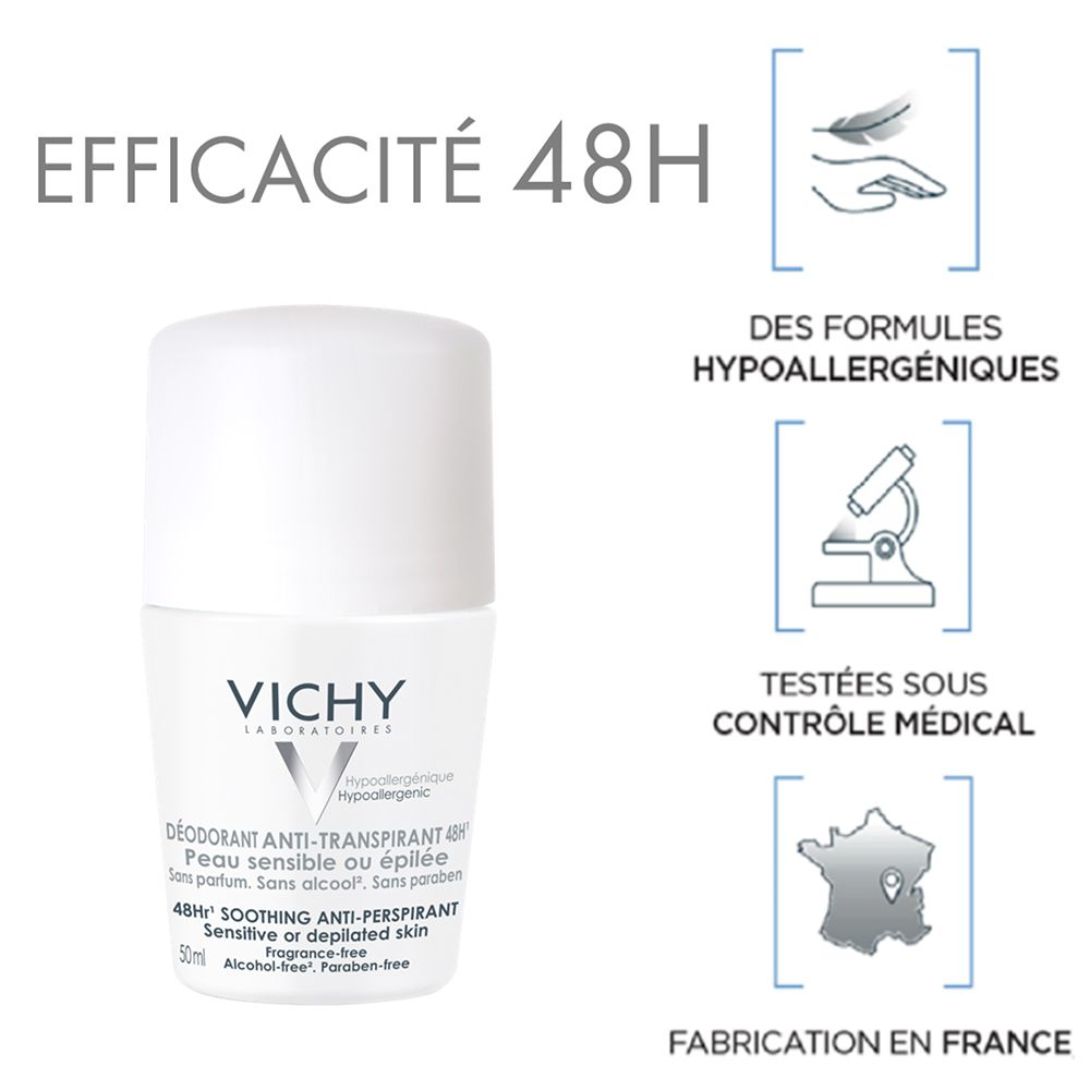 Weißer Roll-On-Deodorant von Vichy. Text: Effizienz 48H, hypoallergene Formeln, unter medizinischer Kontrolle getestet, hergestellt in Frankreich.