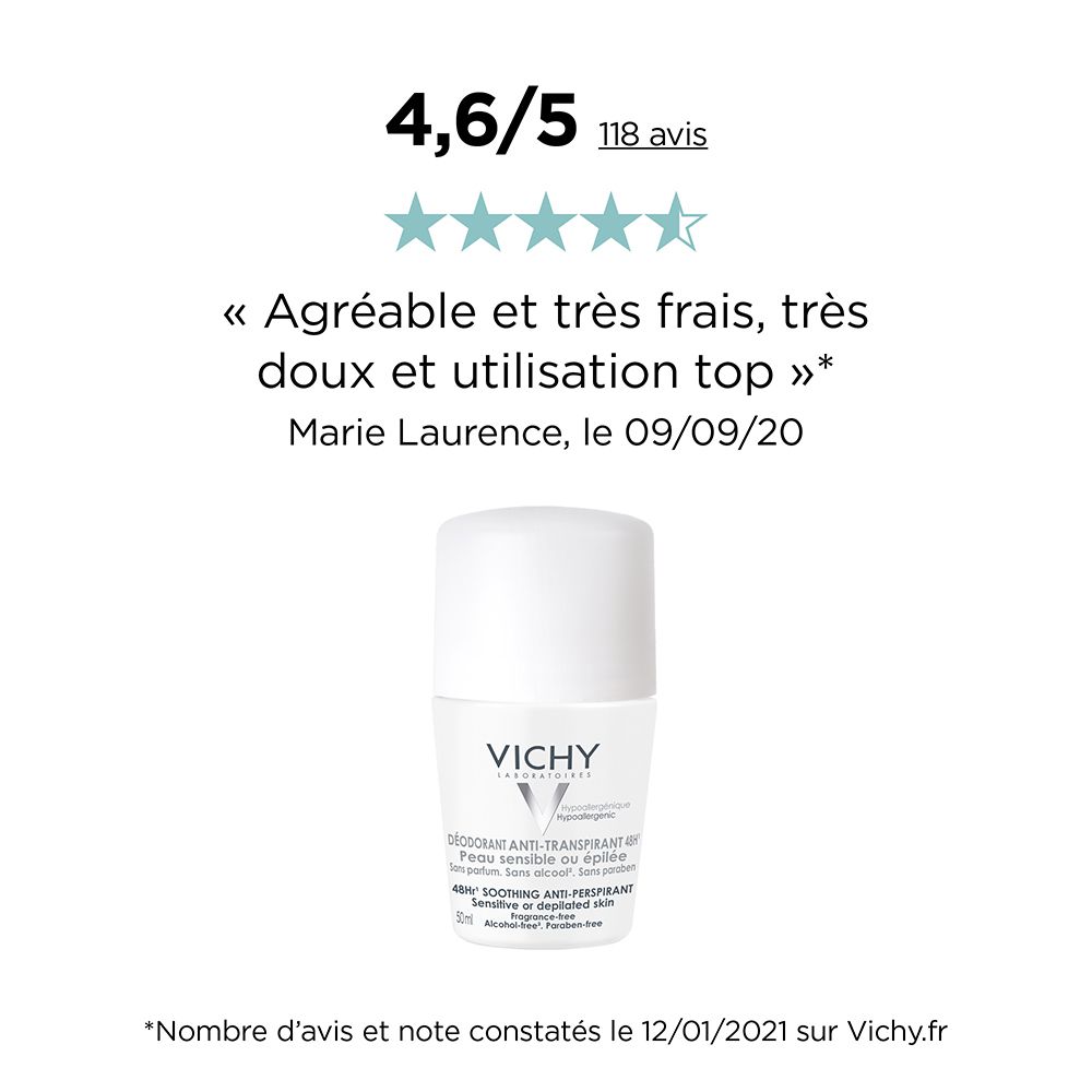 Weißer Roll-On-Deodorant von Vichy. Text: 4,6/5 Sterne, 118 Bewertungen. Zitat: Angenehm und sehr frisch, sehr sanft und top Anwendung.