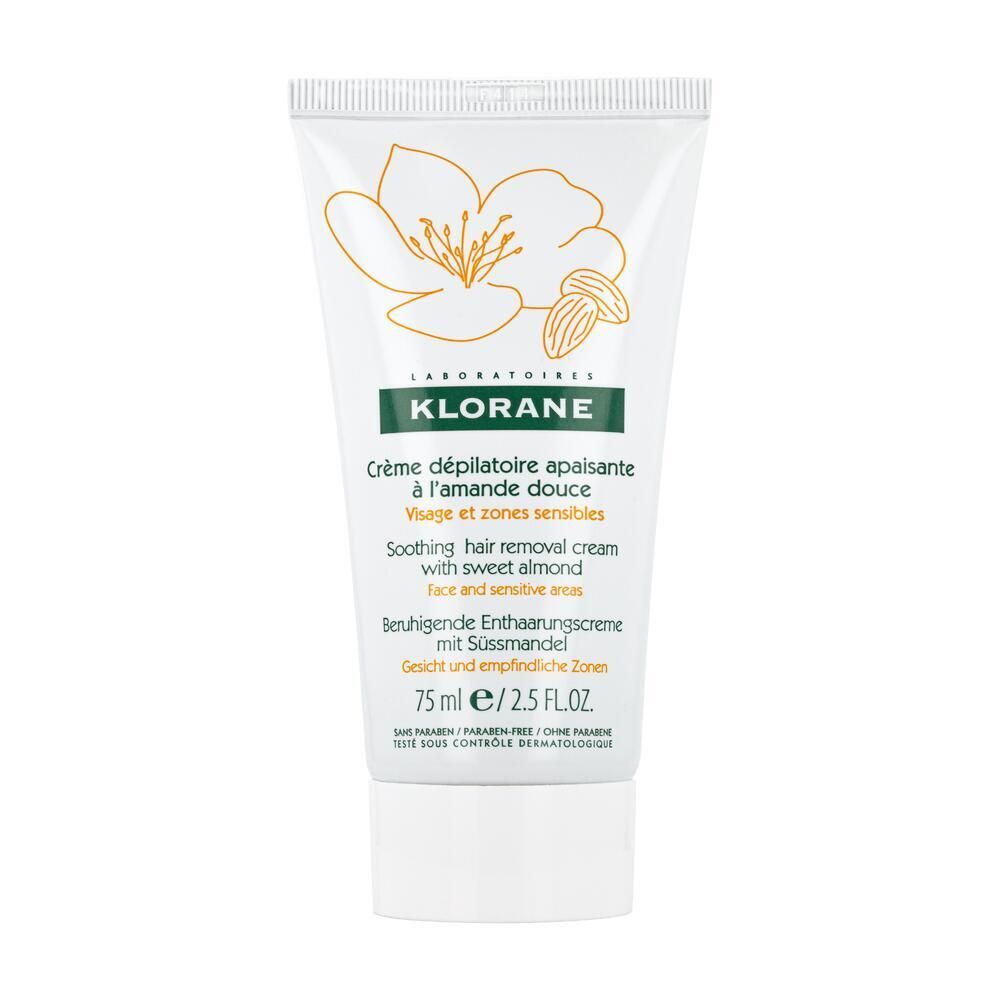 Tube de crème dépilatoire KLORANE à l'amande douce. Design floral jaune. Texte: Visage et zones sensibles, 75 ml.