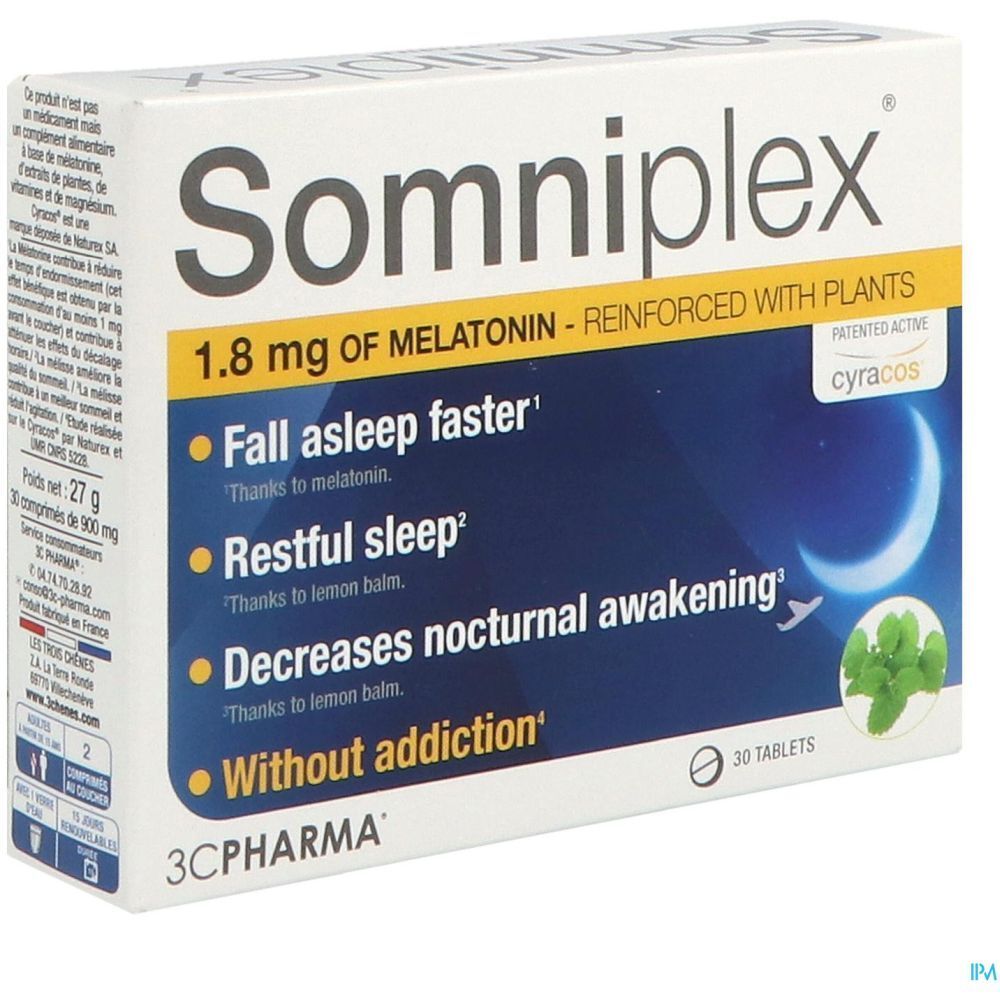 Boîte de Somniplex 1,8 mg de mélatonine renforcée avec des plantes. Contient 30 comprimés. Inscriptions : Fall asleep faster, Restful sleep, Decreases nocturnal awakening.