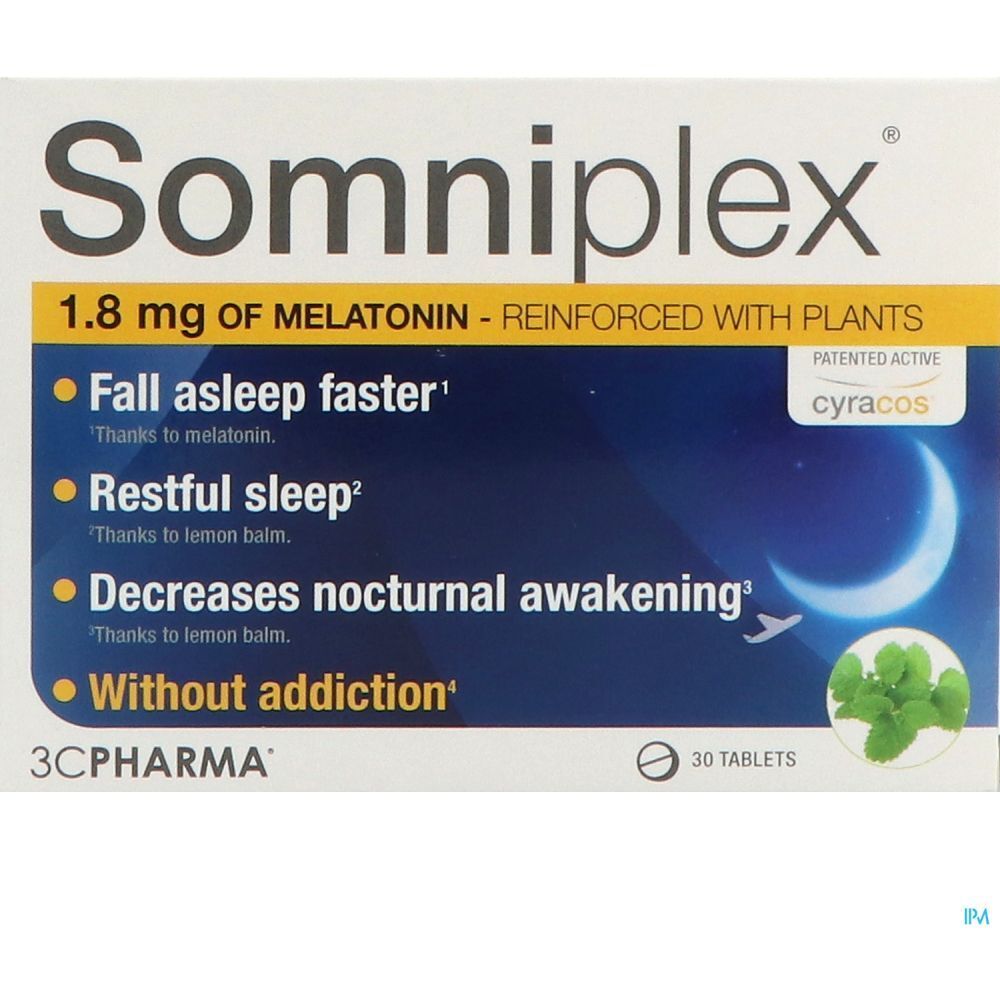Boîte de Somniplex 1,8 mg de mélatonine renforcée avec des plantes. Contient 30 comprimés. Inscriptions : Fall asleep faster, Restful sleep, Decreases nocturnal awakening.