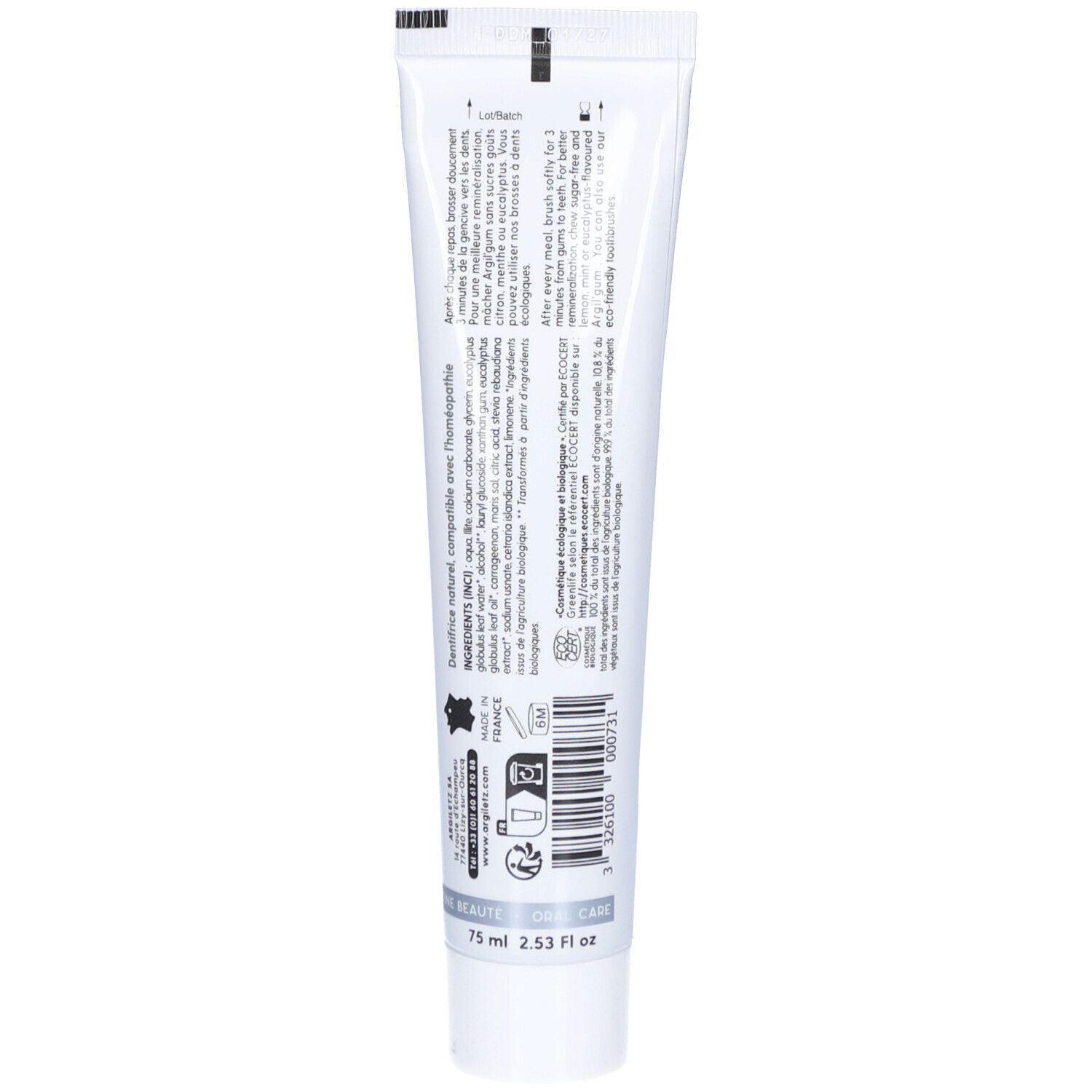 Rückseite der Zahnpasta-Tube. Text in französischer Sprache. Herstellerinformationen. 75 ml.