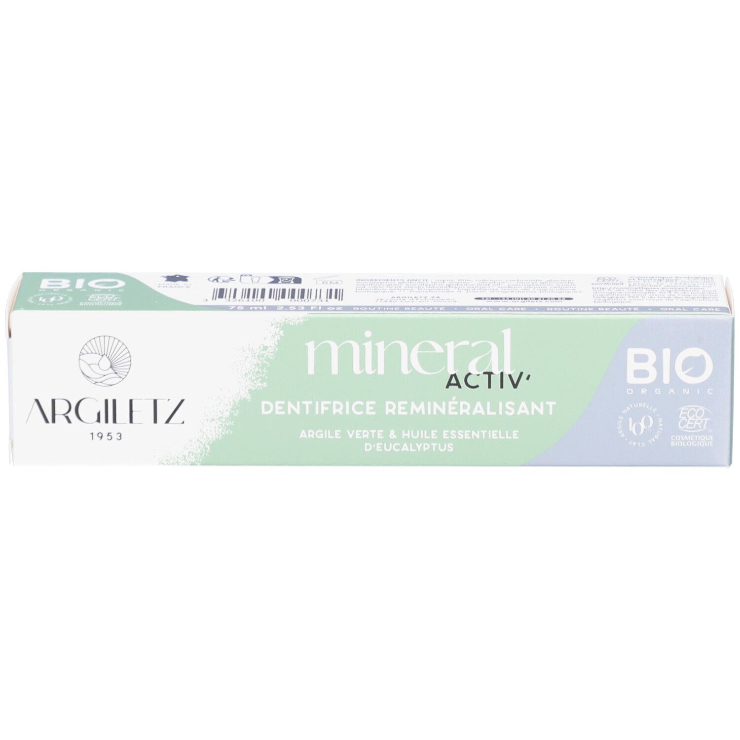 Zahnpasta-Schachtel. Aufschrift: Eucalyptus, BIO. Marke: argiletz. 75 ml.