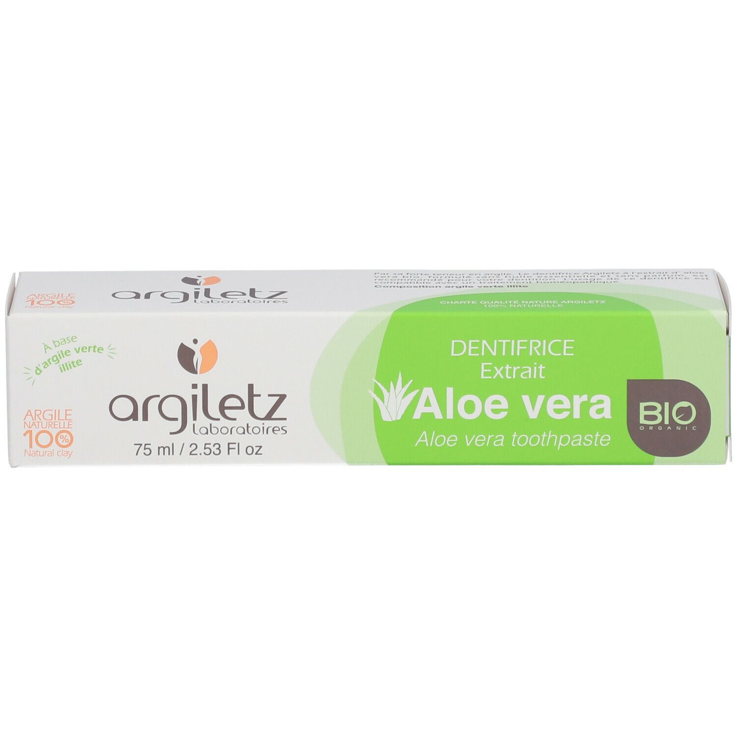 Boîte de dentifrice. Inscription: Aloe vera, argiletz. Certification bio. 75 ml.